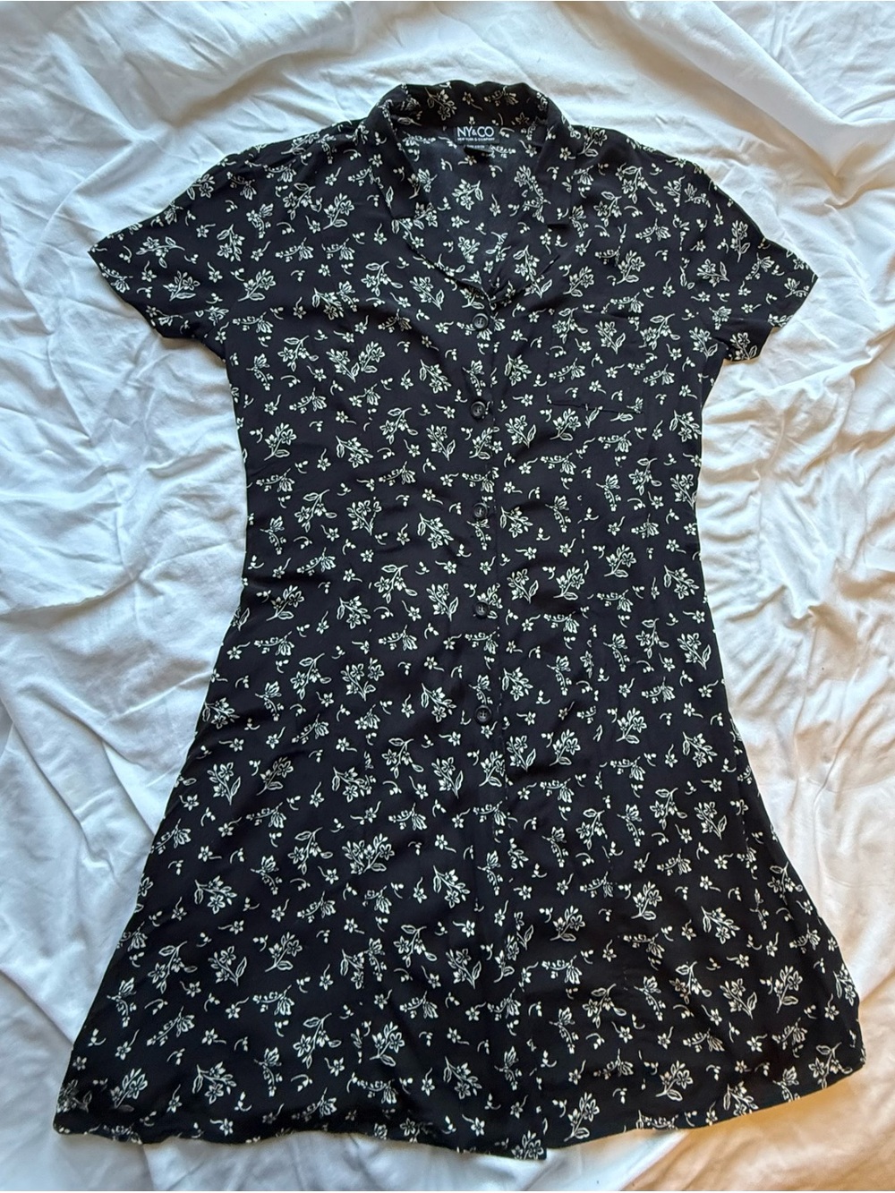 Vintage NY&Co Black Ditsy Floral Rayon Button Down Midi Dress Size 10 90s Y2K